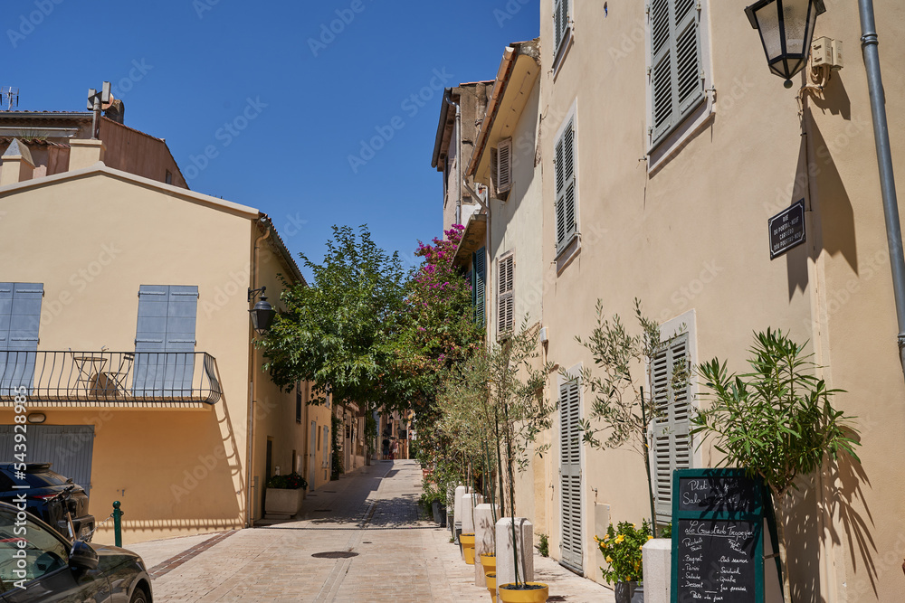 Saint Tropez, France - August 8, 2022 - the narrow streets and squares of the world-famous French town on a summer afternoon
