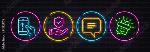 Insurance hand, Text message and Swipe up minimal line icons. Neon laser 3d lights. Smile icons. For web, application, printing. Full coverage, Chat bubble, Scrolling screen. Gift box. Vector