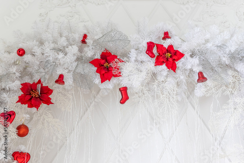 Festive winter flower arrangement red star shape and white branches. Christmas flower composition for holiday.Winter time. Home decoration. copy space