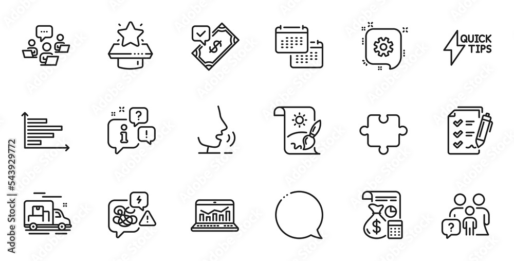 Outline set of Accounting, Stress and Survey checklist line icons for web application. Talk, information, delivery truck outline icon. Include Calendar, Teamwork, Quickstart guide icons. Vector - obrazy, fototapety, plakaty 