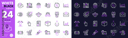 Bathrobe, Parcel and Share idea line icons for website, printing. Collection of Report document, Accounting wealth, Touchscreen gesture icons. Trade chart, Work home, Escalator web elements. Vector