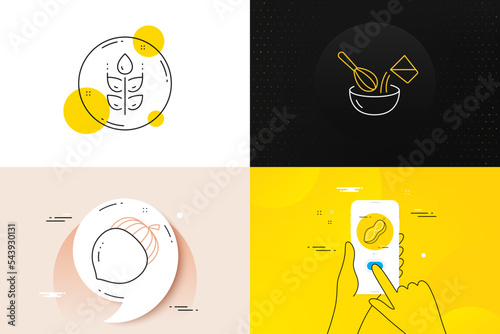 Minimal set of Acorn, Cooking whisk and Gluten free line icons. Phone screen, Quote banners. Peanut icons. For web development. Oaknut, Cutlery, Bio ingredients. Vegetarian nut. Vector