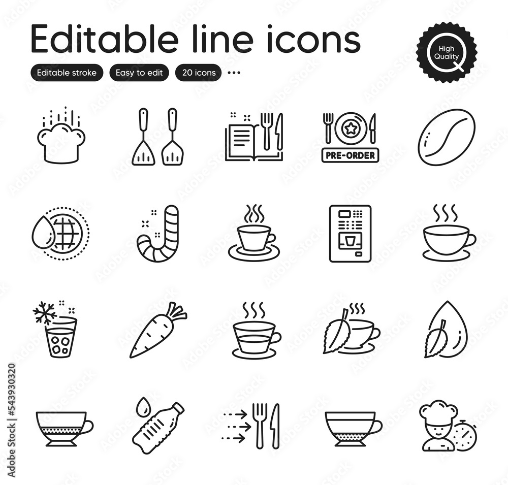 Set of Food and drink outline icons. Contains icons as Dry cappuccino, Cooking cutlery and Water drop elements. Food delivery, Ice maker, Tea cup web signs. Cappuccino, Water bottle. Vector