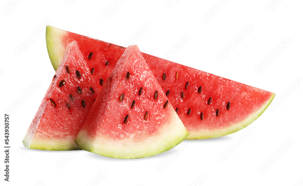 Slices of delicious ripe watermelon on white background