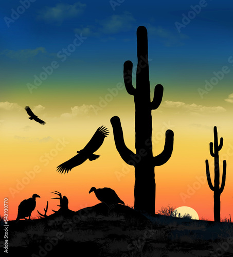 Vultures find a mule deer carcass in the desert at sunsent in this 3-d illustration. photo