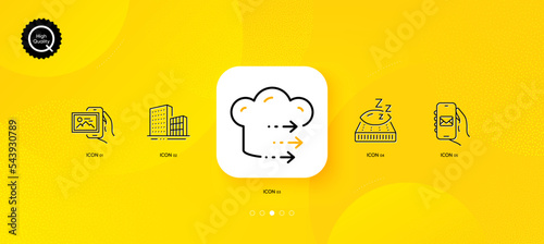 Mattress, Image album and Mail app minimal line icons. Yellow abstract background. Buildings, Food delivery icons. For web, application, printing. Night pillow, Photo app, Smartphone email. Vector