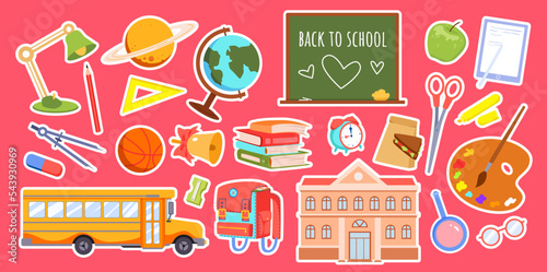 Cartoon isolated stationary equipment, paper notebook and books to study, school bus and building, blackboard on green background. Education concept. Back to school stickers set vector illustration