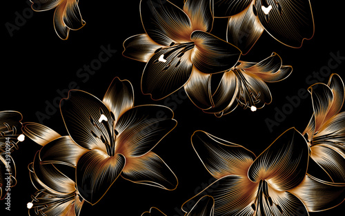 Vintage luxury seamless floral background with golden lilies flowers. Romantic pattern template for wall decor, wallpaper, wedding invitations, ceremonies, cards.