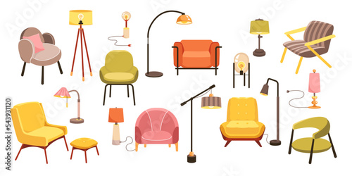 Modern furniture for home and office interior vector illustration. Cartoon isolated stylish lamp, chair and armchair collection for bedroom or living room, contemporary cozy accessories and decor