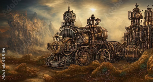 Fényképezés illustration of a steampunk vehicle in warm brown colors, digital art
