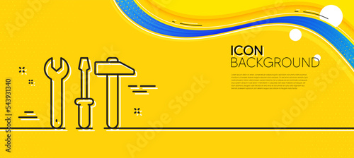 Spanner, hammer and screwdriver line icon. Abstract yellow background. Repair service sign. Fix instruments symbol. Minimal spanner tool line icon. Wave banner concept. Vector