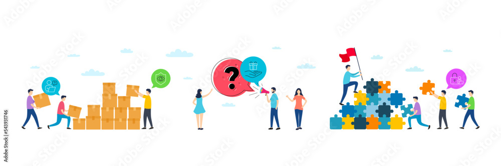 Online question, Eye protection and Loyalty program minimal line icons. People characters with puzzle, delivery parcel. Lock icons. For web, application, printing. Remote work, Optometry, Gift. Vector Online question, Eye protection and Loyalty program minimal line icons. People characters with puzzle, delivery parcel. Lock icons. For web, application, printing. Remote work, Optometry, Gift. Vector