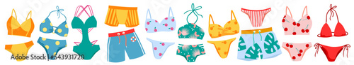 Summer swimwear cartoon illustrations set. Swimsuit and underwear template collection for man and woman, fashion shorts, panties and pants, casual bikini and bra to swim, beachwear models