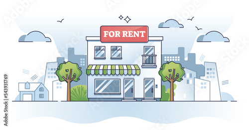 Commercial property for rent or new business place location outline concept. Real estate opportunity and commercial sign on roof vector illustration. Budget house offer from broker to relocate company