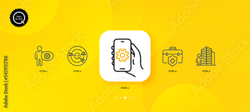 App settings, Cogwheel and Medical insurance minimal line icons. Yellow abstract background. Agent, Targeting icons. For web, application, printing. Vector