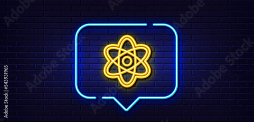 Neon light speech bubble. Chemistry atom line icon. Laboratory molecule sign. Analysis symbol. Neon light background. Chemistry atom glow line. Brick wall banner. Vector