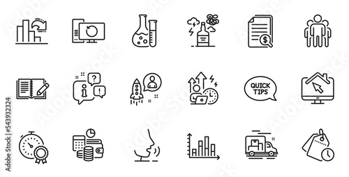 Outline set of Work home, Group and Best result line icons for web application. Talk, information, delivery truck outline icon. Include Alcohol addiction, Startup, Budget accounting icons. Vector
