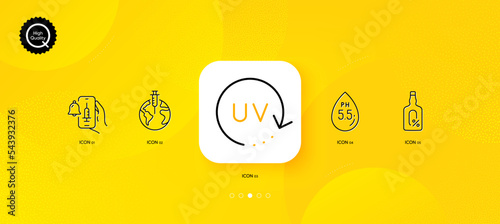 Uv protection, Pandemic vaccine and Alcohol free minimal line icons. Yellow abstract background. Vaccine announcement, Ph neutral icons. For web, application, printing. Vector
