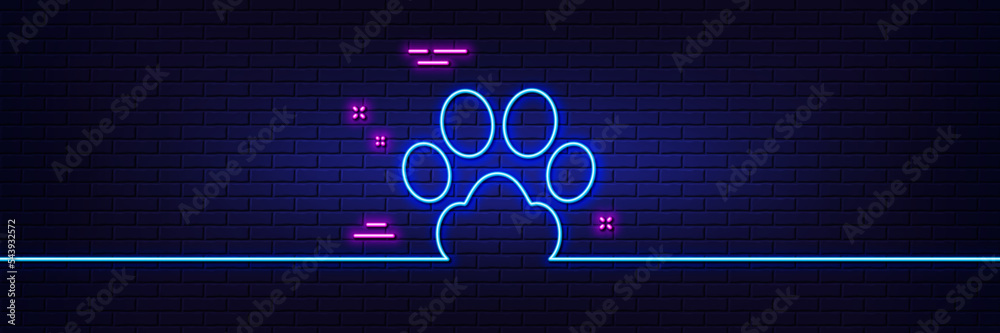 Neon light glow effect. Dog paw line icon. Pets care sign. Animal step symbol. 3d line neon glow icon. Brick wall banner. Dog paw outline. Vector Neon light glow effect. Dog paw line icon. Pets care sign. Animal step symbol. 3d line neon glow icon. Brick wall banner. Dog paw outline. Vector