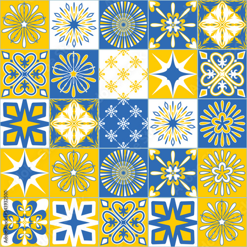 Blue yellow contrast seamless pattern, decorative square ceramic tile, vector illustration