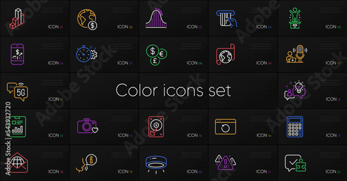 Set of Winner podium, 5g internet and Led lamp line icons. Include Global business, Report document, Mobile finance icons. Photo camera, Idea, Recovery internet web elements. Warning. Vector