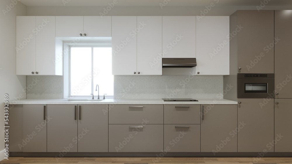 Long kitchen with a large refrigerator and a window over the sink. 3d render Long kitchen with a large refrigerator and a window over the sink. 3d render