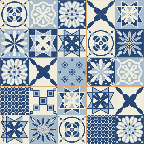 Blue indigo flower pattern on ceramic tiles, illustration for design