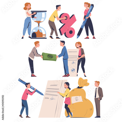 People Characters Making Contract and Deal Agreement Signing Document Vector Set