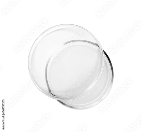 Empty glass Petri dishes isolated on white, top view