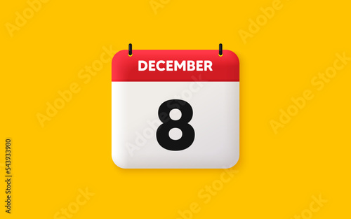 Calendar date 3d icon. 8th day of the month icon. Event schedule date. Meeting appointment time. Agenda plan, December month schedule 3d calendar and Time planner. 8th day day reminder. Vector