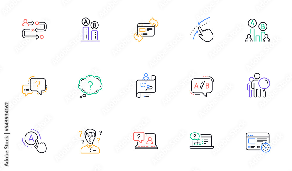 UX line icons. AB testing, Journey path map and Question mark. Quiz test linear icon set. Bicolor outline web elements. Vector