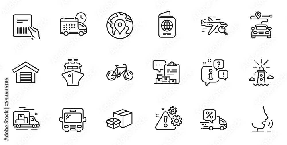 Outline set of Passport, Ship and Search flight line icons for web application. Talk, information, delivery truck outline icon. Include Inventory report, Parcel invoice, Packing boxes icons. Vector