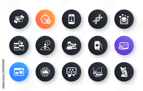 Minimal set of Love mail, Interview and Browser window flat icons for web development. Wholesale goods, Bumper cars, Dating app icons. Success business, Chemistry dna, Scroll down web elements. Vector