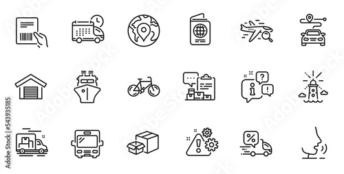 Outline set of Passport, Ship and Search flight line icons for web application. Talk, information, delivery truck outline icon. Include Inventory report, Parcel invoice, Packing boxes icons. Vector