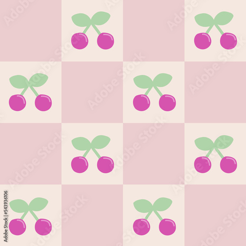 Seamless pattern checkerboard and cherries. Pink trendy print. Vector hand drawn illustration.