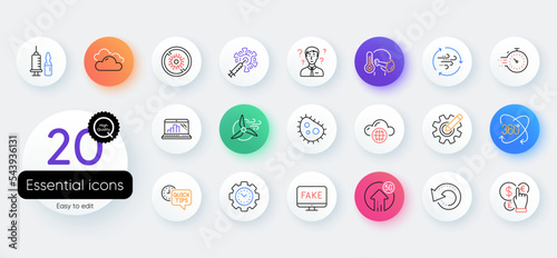Simple set of Windmill turbine, Quick tips and Cogwheel line icons. Include Timer, Support consultant, Time management icons. Bacteria, Full rotation, Sick man web elements. Vector