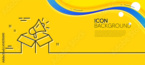 Megaphone box line icon. Abstract yellow background. Advertisement device symbol. Brand ambassador sign. Minimal megaphone box line icon. Wave banner concept. Vector