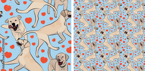 Seamless Labrador Retriever dog pattern, holiday texture. Packaging, textile, decoration, wrapping paper. Trendy hand-drawn funny breed wallpaper. Fun seamless Retriever square pattern with hearts.Lab