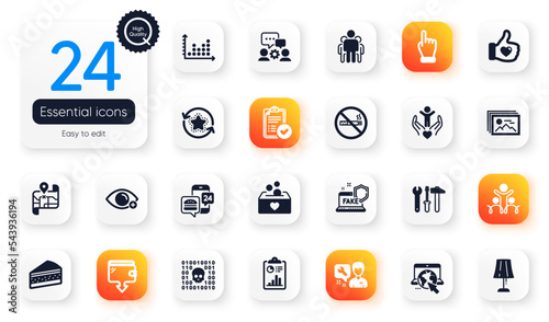 Set of Business flat icons. Spanner tool, Table lamp and Image gallery elements for web application. Like hand, Report, Group icons. Dot plot, Map, Donation elements. Food app. Vector