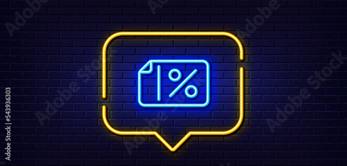 Neon light speech bubble. Discount banner line icon. Sale offer coupon sign. Promotion price symbol. Neon light background. Discount banner glow line. Brick wall banner. Vector
