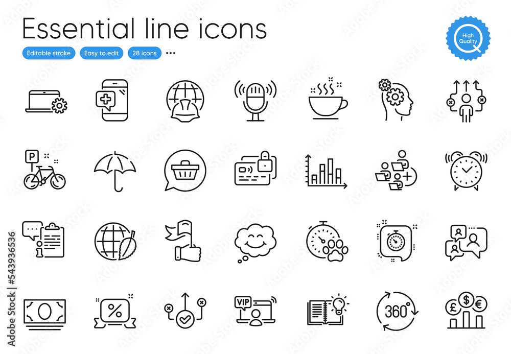 Environment day, Notebook service and Add team line icons. Collection of Global engineering, Currency rate, Timer icons. Business way, Umbrella, Product knowledge web elements. Vector