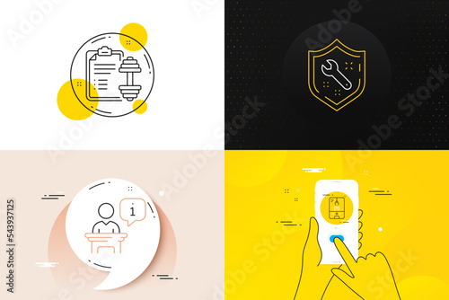 Minimal set of Spanner, Crane claw machine and Dumbbell line icons. Phone screen, Quote banners. Podium icons. For web development. Repair service, Attraction park, Training plan. Vector