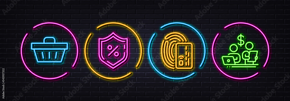 Shopping basket, Loan percent and Card minimal line icons. Neon laser 3d lights. Budget accounting icons. For web, application, printing. Sale offer, Protection shield, Bank payment. Vector