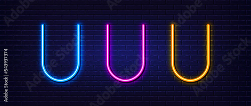 Initial letter U icon. Neon light line effect. Line typography character sign. Large first font letter. Glowing neon light element. Letter U glow 3d line. Brick wall banner. Vector