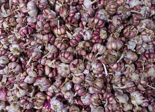 Fresh garlic in the supermarket. Vegetables and fruits exposed for the consumer to choose. Top view photo