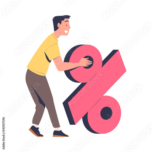 Man Character with Huge Percentage Sign Making Contract and Deal Agreement Vector Illustration