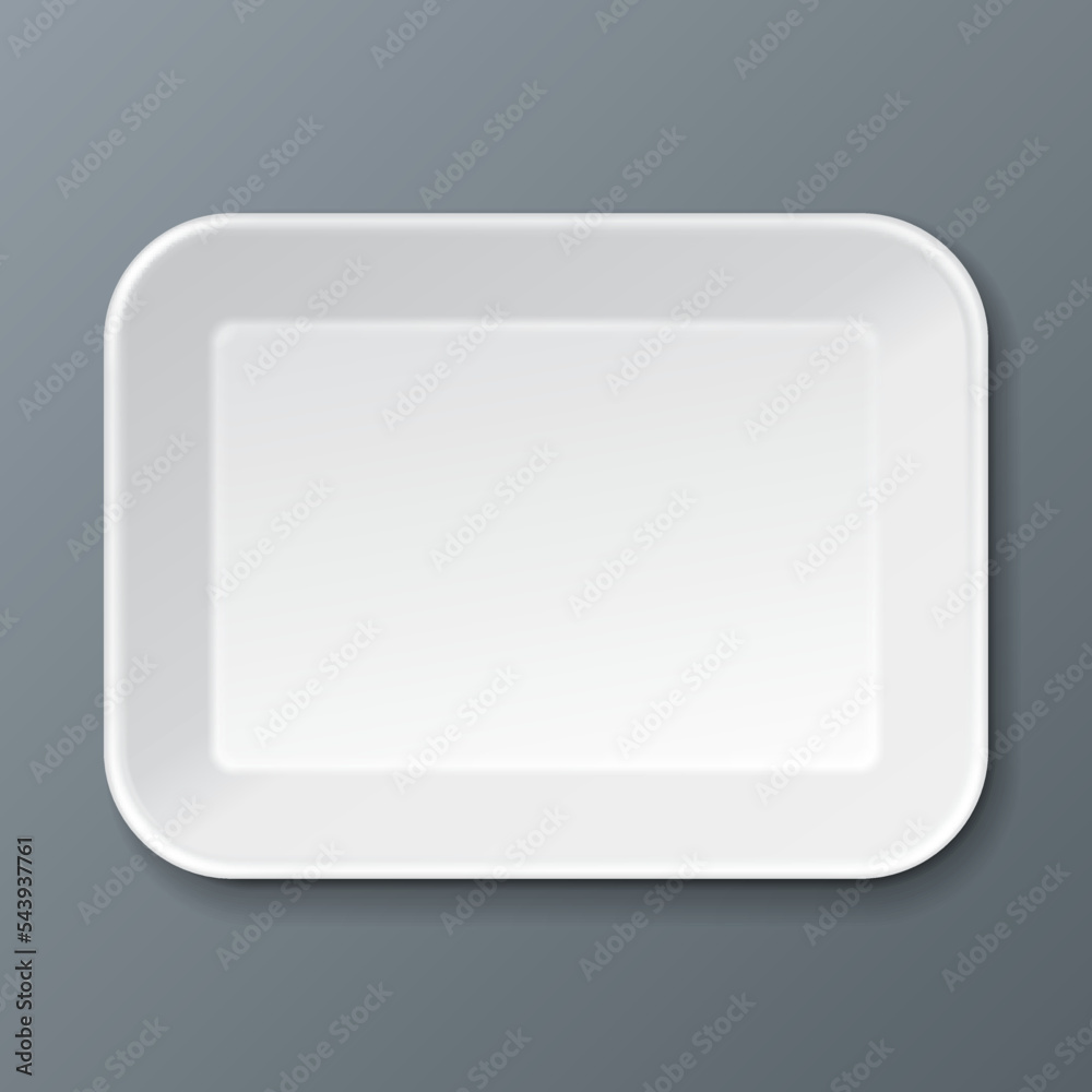 White Empty Blank Styrofoam Plastic Food Tray Container. Illustration Isolated On Gray Background. Mock Up Template Ready For Your Design. Vector EPS10 White Empty Blank Styrofoam Plastic Food Tray Container. Illustration Isolated On Gray Background. Mock Up Template Ready For Your Design. Vector EPS10