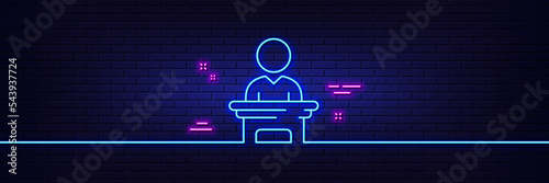 Neon light glow effect. Election candidate line icon. Public voting sign. Politics campaign symbol. 3d line neon glow icon. Brick wall banner. Election candidate outline. Vector