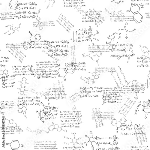 chemical formulas. scientific, educational background on white. seamless pattern. hand drawn.