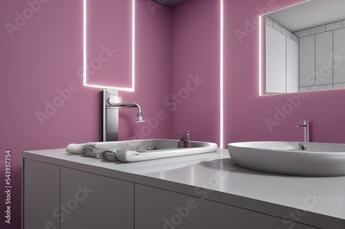 Realistic 3D render close up elegant bathroom vanity countertop with white ceramic wash basin and faucet, pom pom flowers. Morning sunlight, Blank space for beauty product display, pink wall tiles.